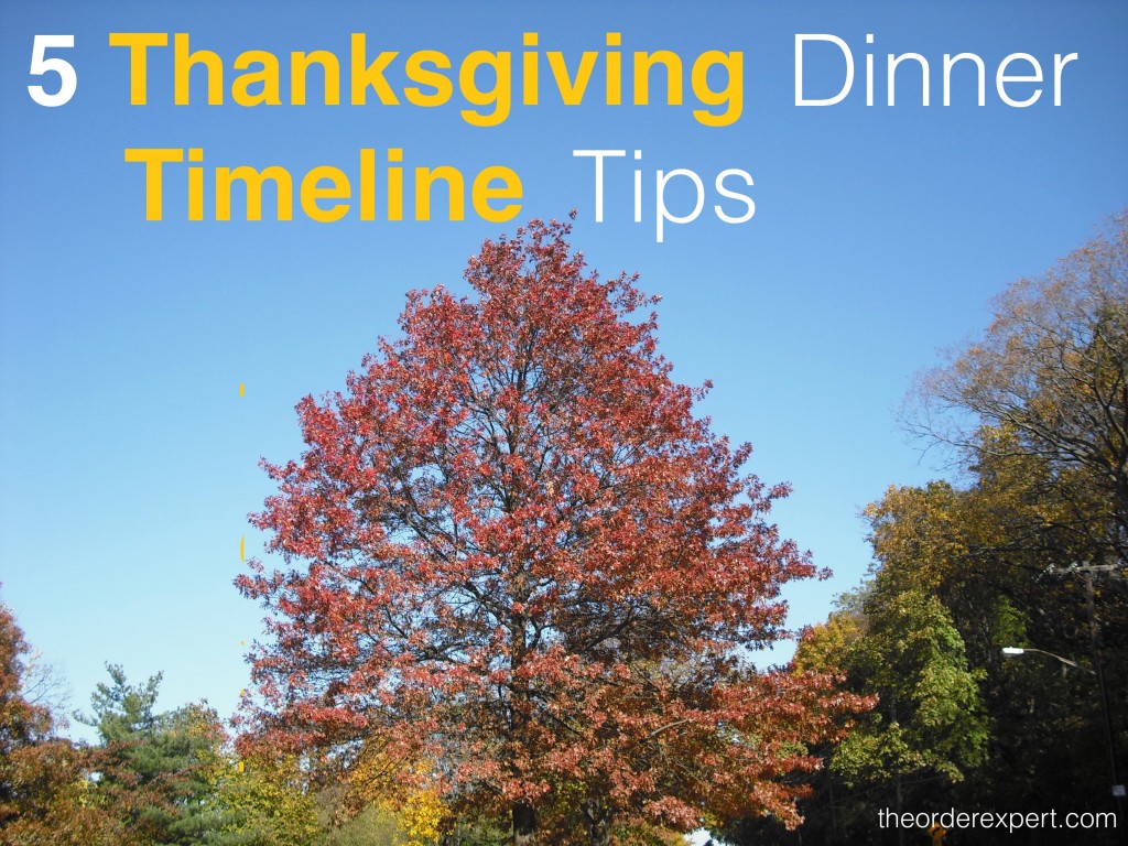 Image of a tree in fall and phrase, 5 Thanksgiving Dinner Timeline Tips