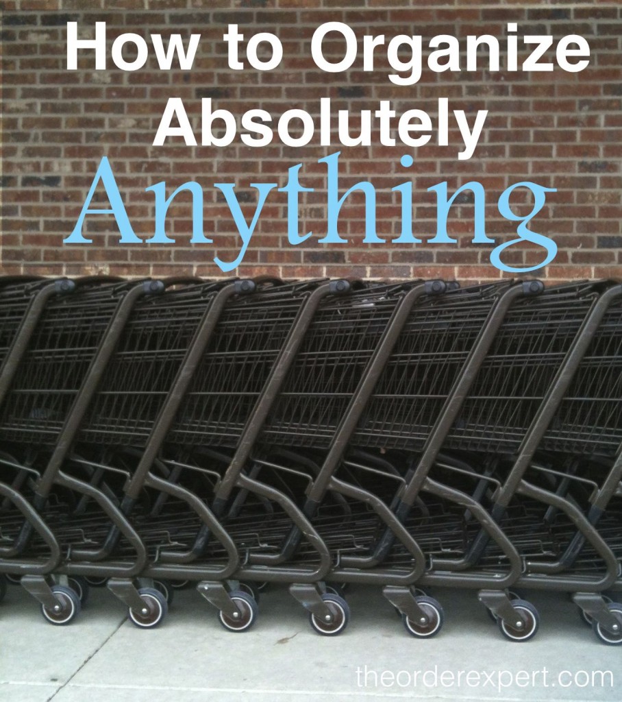 Image of shopping carts lined up against a brick wall and phrase, How to Organize Absolutely Anything 