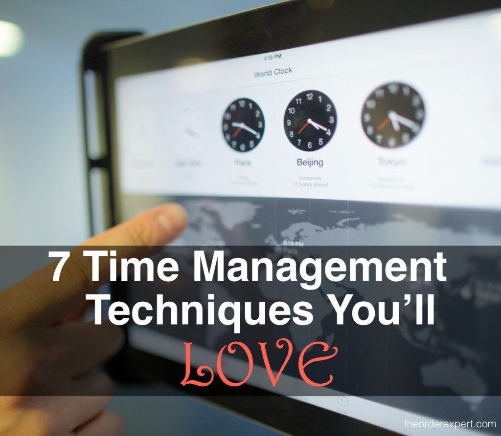 Image of a tablet with timezone clocks and the phrase, 7 Time Management Techniques You'll Love 